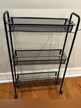 Mainstays Slim 3-Tier Rolling Bathroom Storage Cart with Hooks, Black